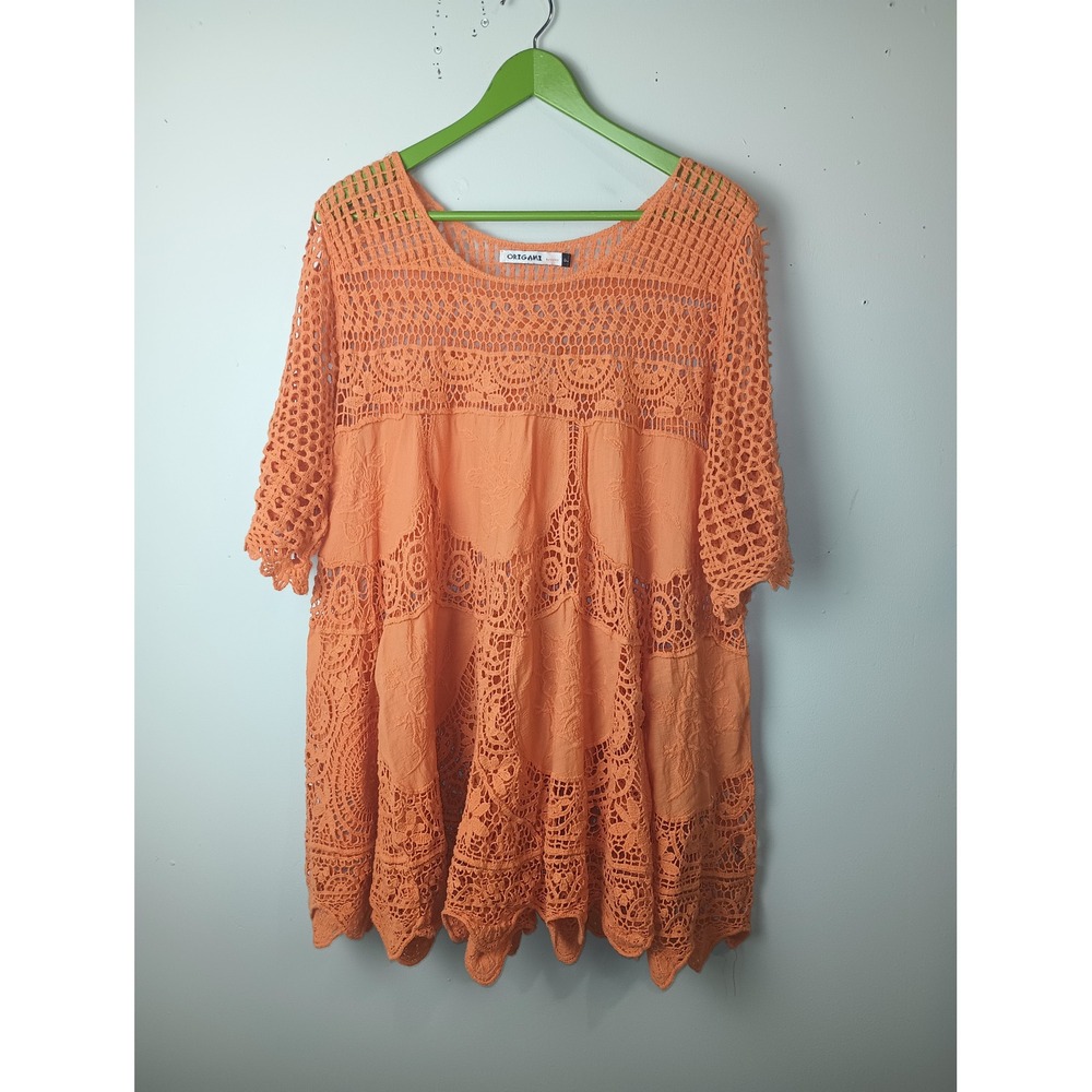 Origami Orange Crochet Lace Boho Tunic Top Cotton Floral Embroidered OLS-4515 L